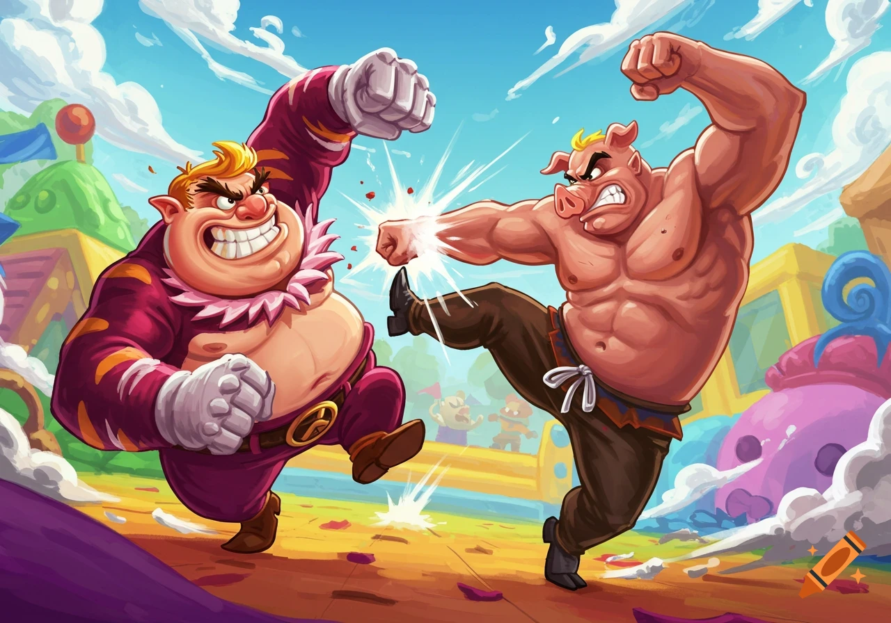 Two cartoon characters, one large in purple and one pig-like in brown, fight in a colorful arena.