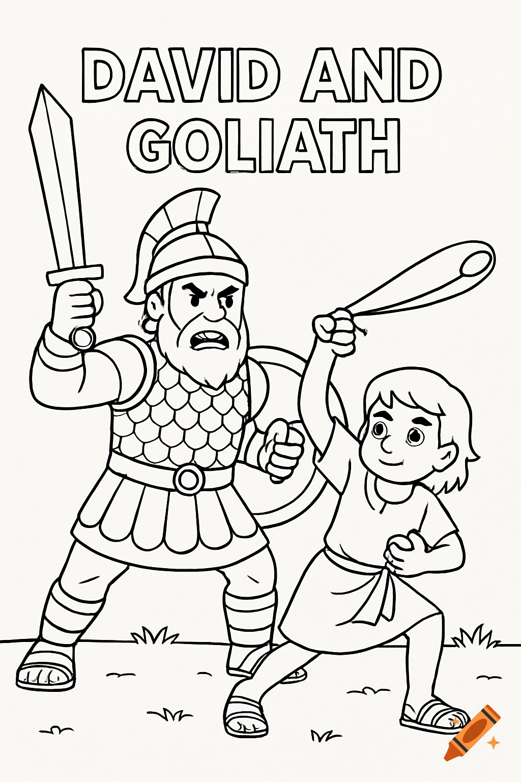 Coloring page of David fighting Goliath with a sling against a giant with a sword.