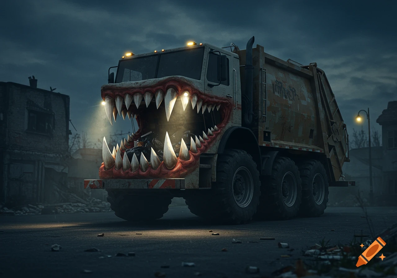 A monster garbage truck with giant, sharp teeth drives through a dark, desolate urban street.