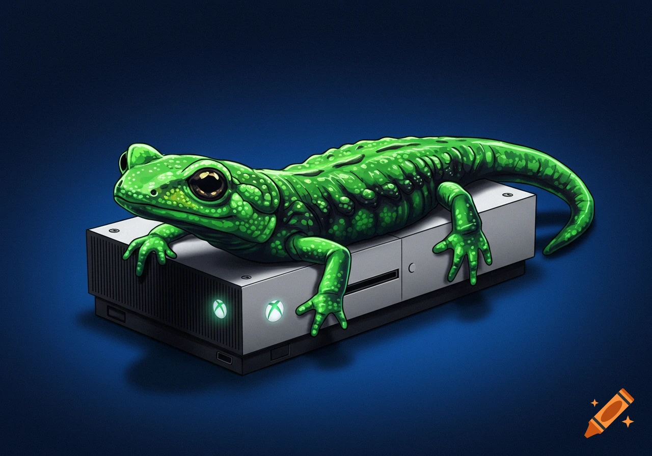 A vibrant green salamander lies on top of an Xbox console. Illustration.