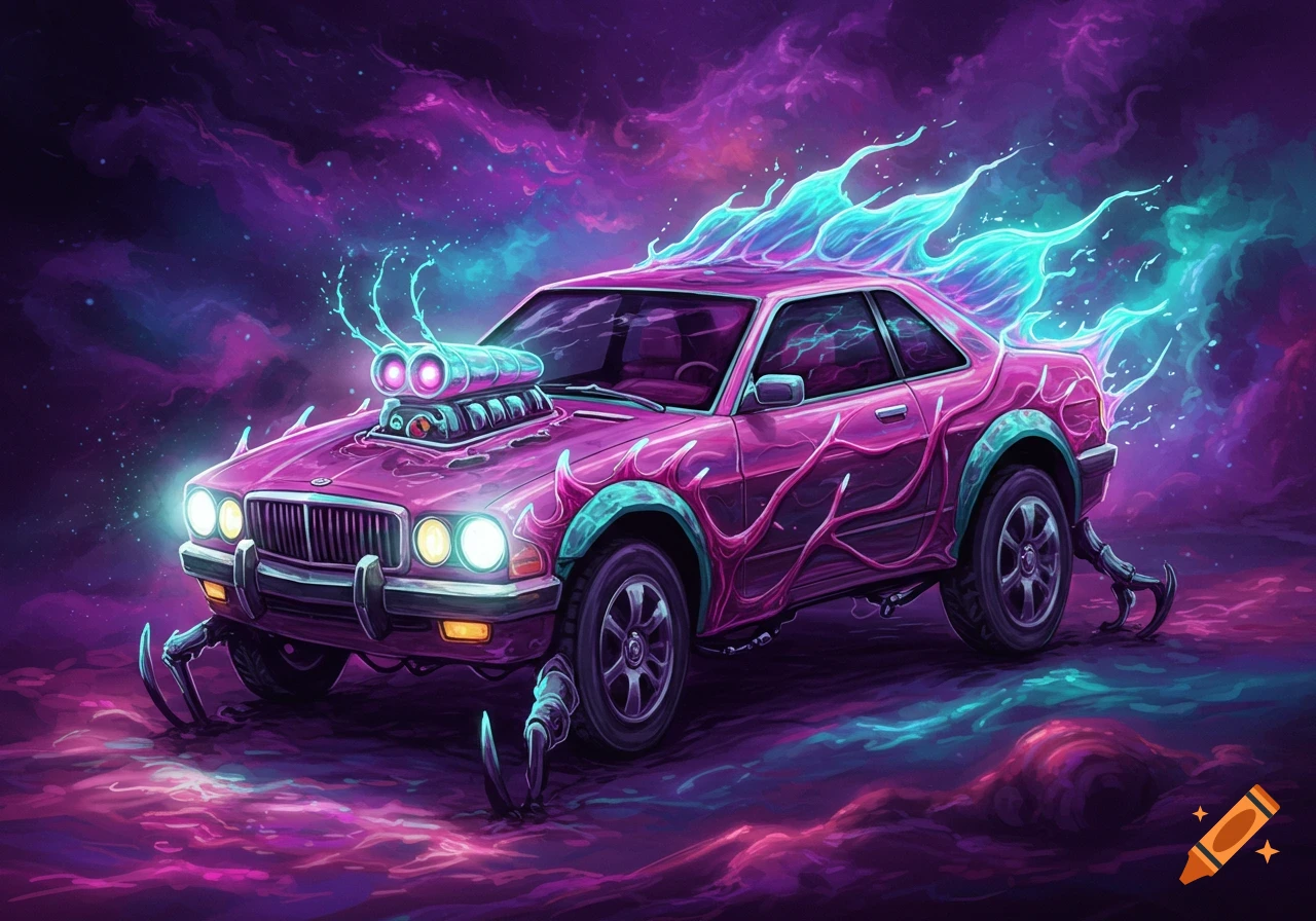 A pink stylized car with teal energy flames and legs emerges from a swirling purple and blue cosmic background.