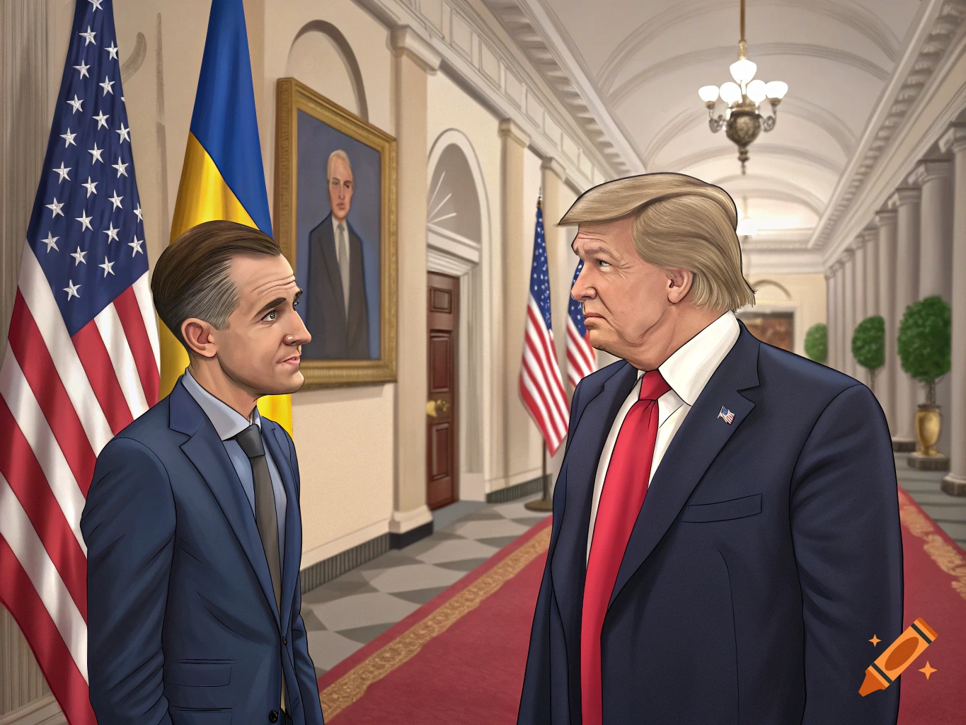 Illustrative image of two men resembling political figures in a White House hallway.
