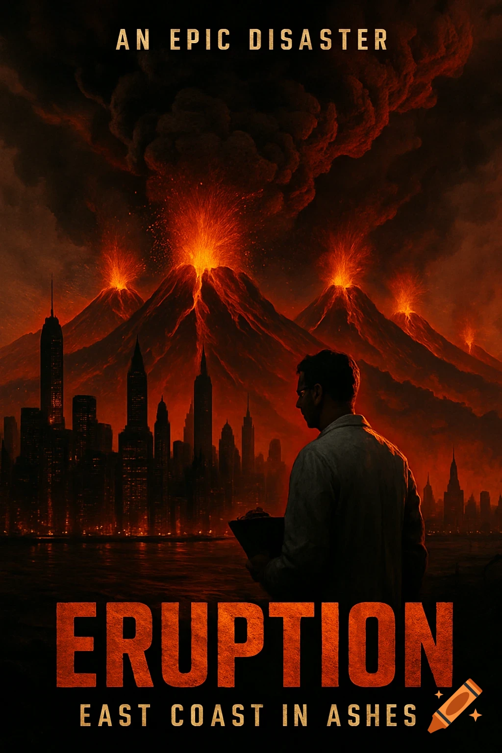 Movie poster of volcanoes erupting behind a city skyline with a scientist in the foreground.