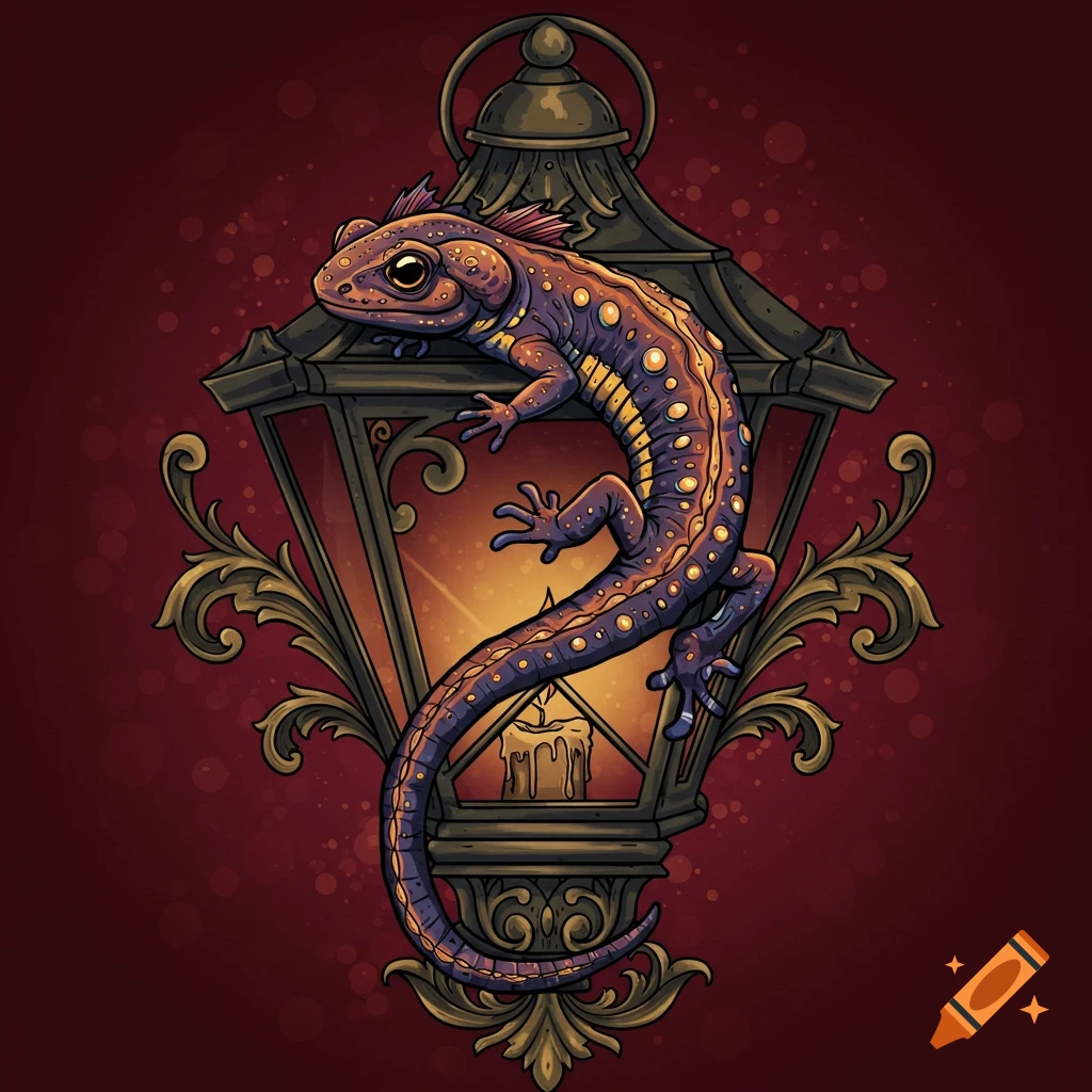 A stylized illustration of a salamander climbing on a Victorian lantern, tattoo style.
