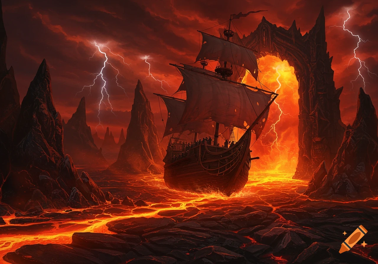 Sailing ship on lava sea under stormy red sky with lightning, approaching fiery archway.