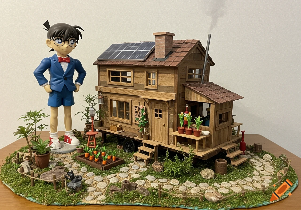 Detective Conan figure next to a detailed miniature tiny house and garden diorama.