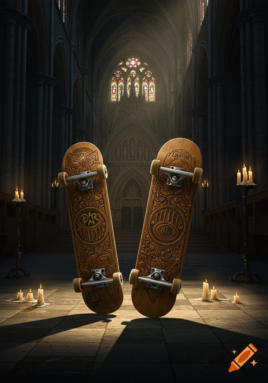Two carved wooden skateboards stand upright in a dimly lit gothic church with stained glass windows.