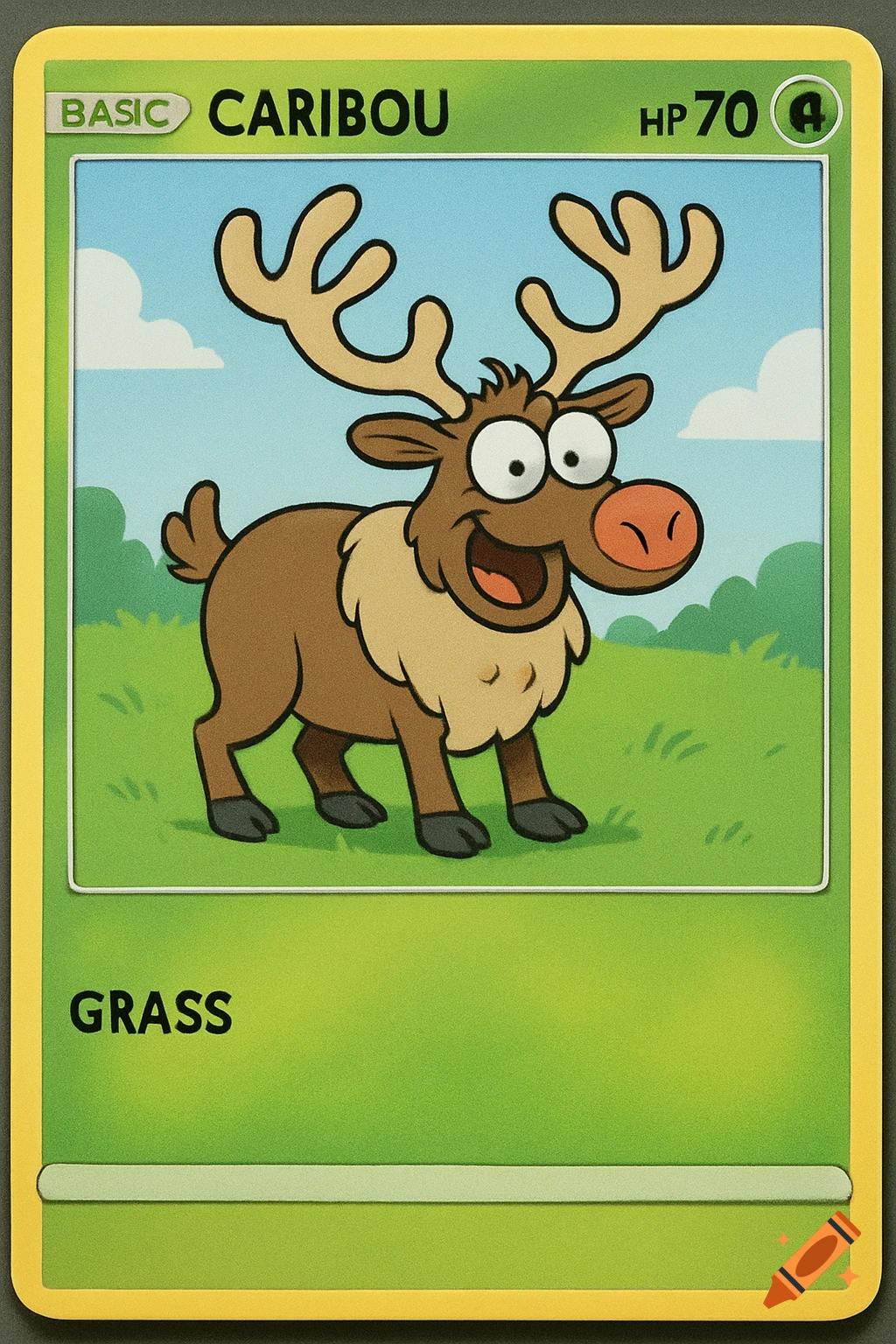 Cartoon caribou on a trading card labeled BASIC CARIBOU HP 70 GRASS