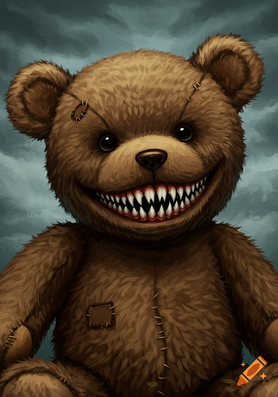 Close-up of a creepy brown teddy bear with sharp human teeth and stitched patches against a dark, cloudy background.