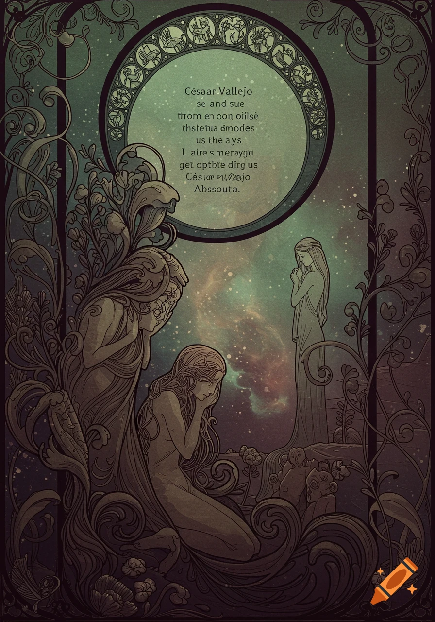 Art nouveau illustration of three figures among ornate vines under a starry sky with a circle containing text.