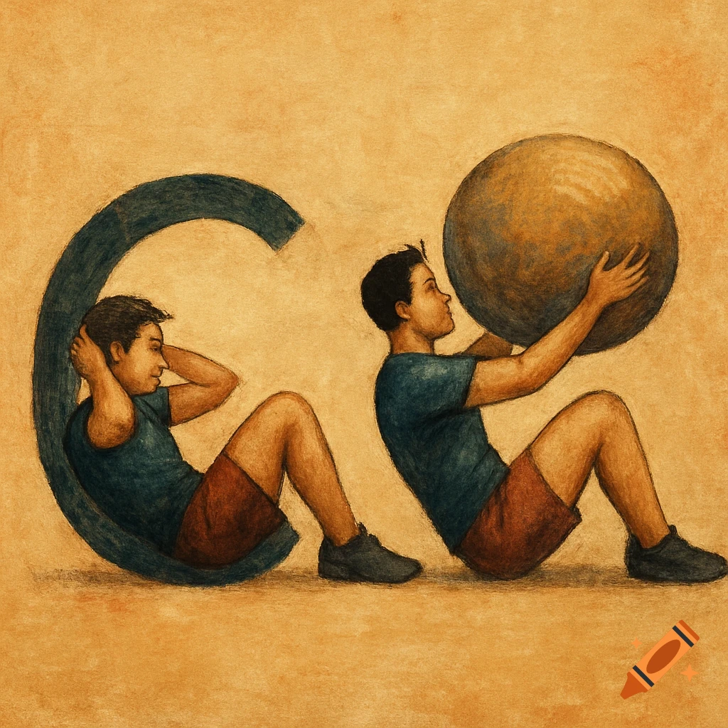 Illustration of two men exercising, one forming a C shape while doing a crunch, the other holding a ball to form an O shape.