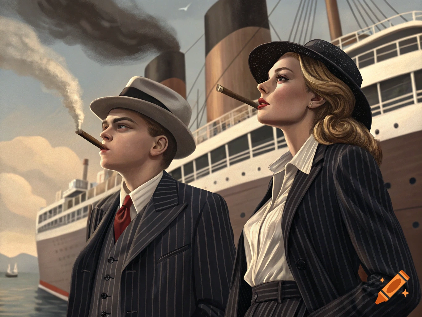 Illustration of a man and woman in period suits smoking cigars in front of a ship.