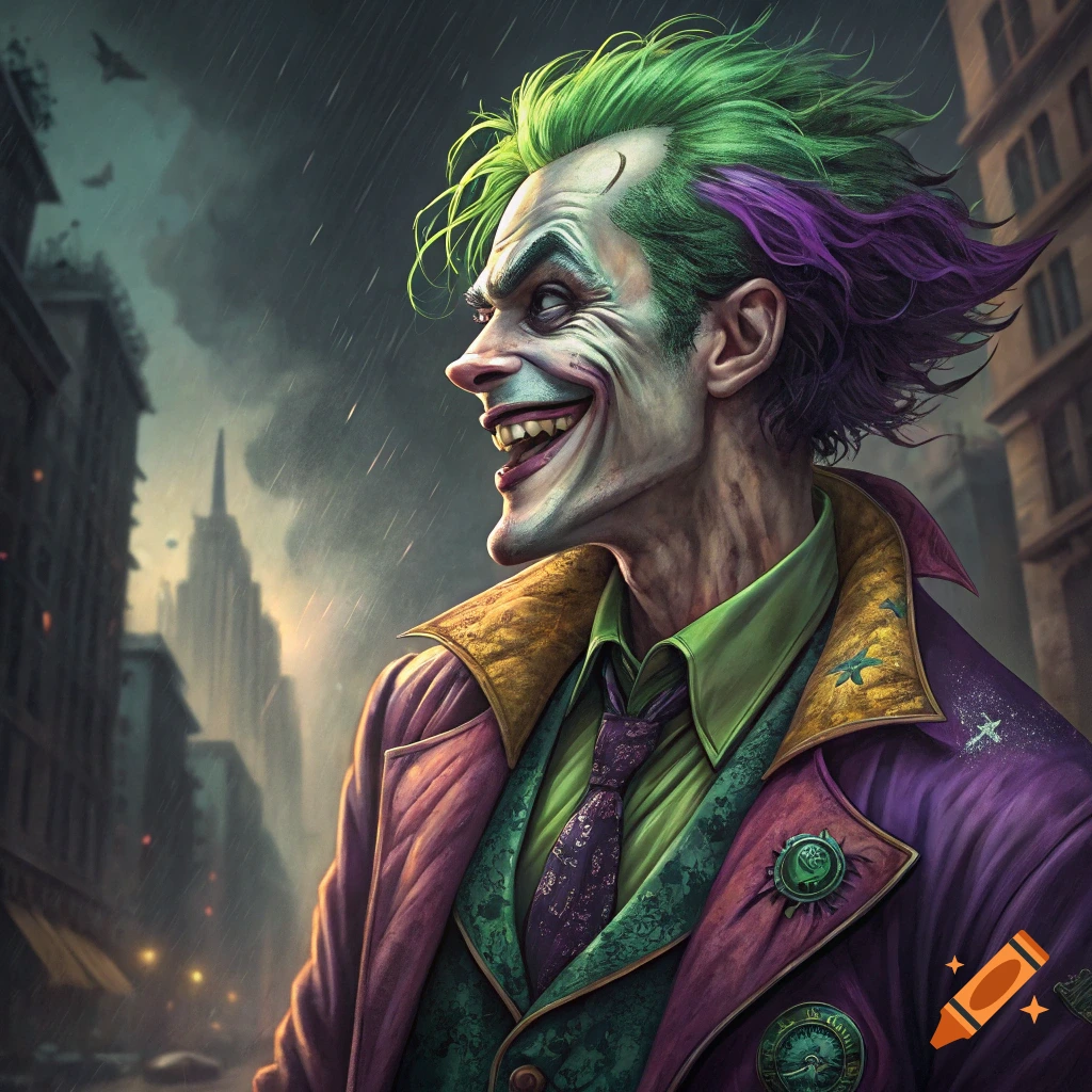 Portrait of the Joker smiling in a rainy city street.