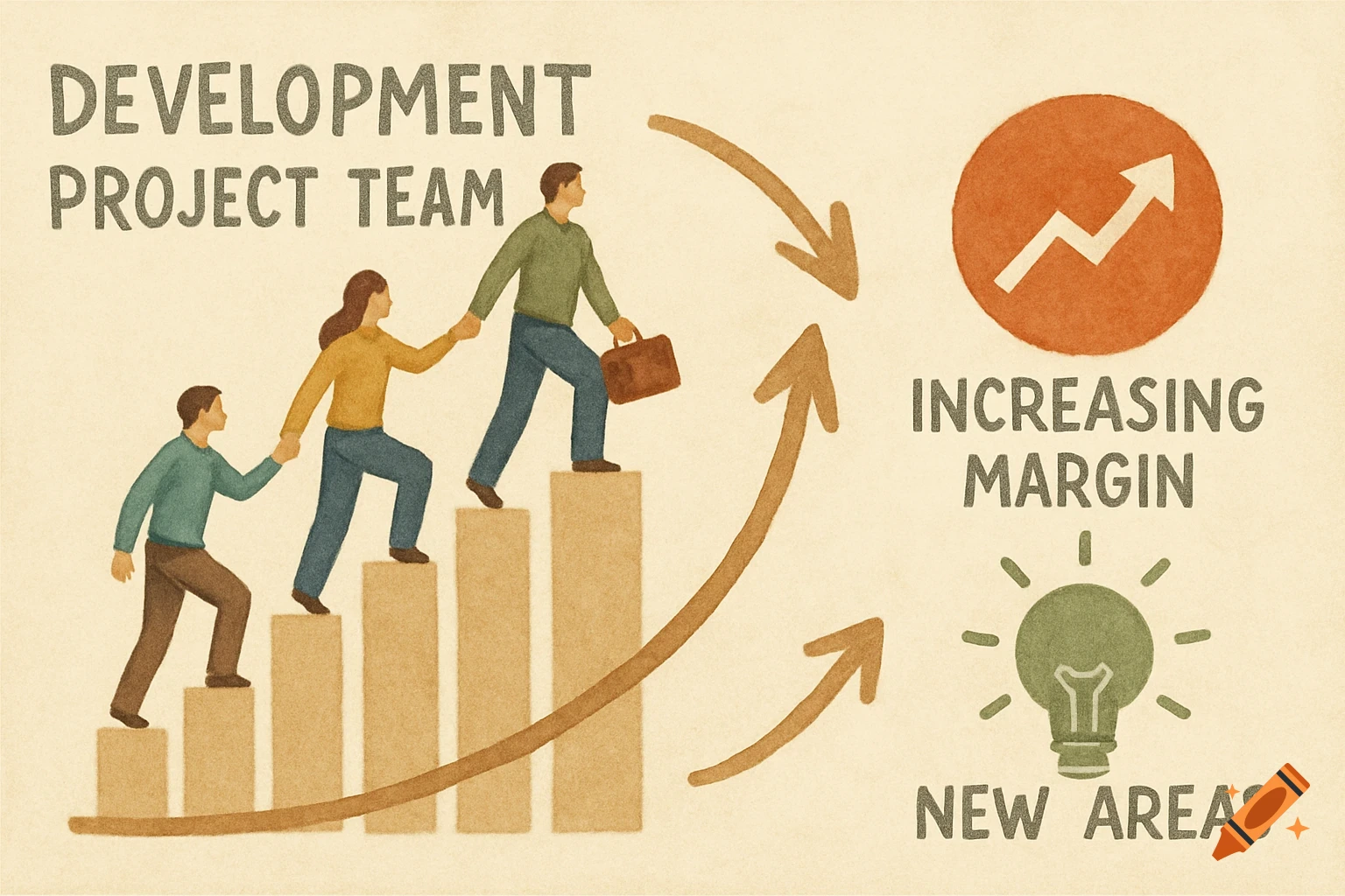 Illustration of a team climbing a bar chart towards growth symbols and text.