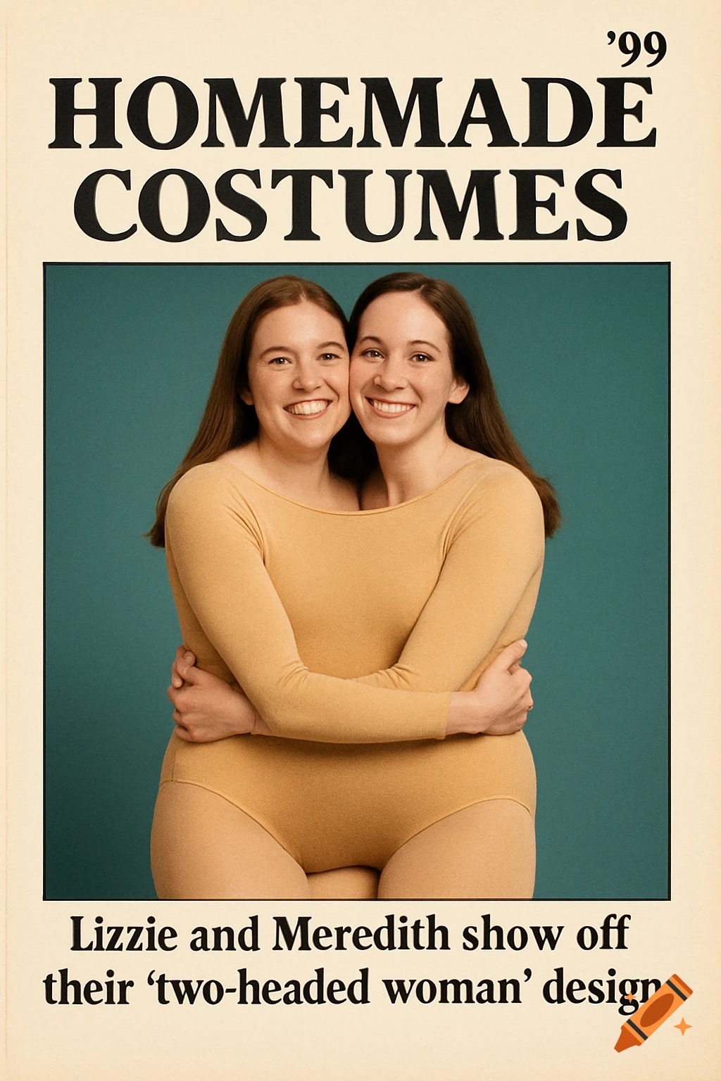 Vintage magazine page showing two women in a 'two-headed woman' homemade costume