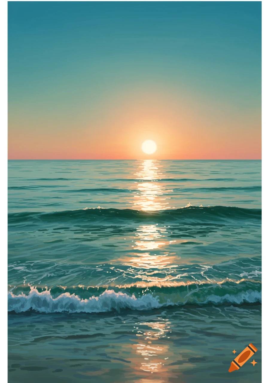 A sunset over the ocean with waves in the foreground and sun reflecting on the water.