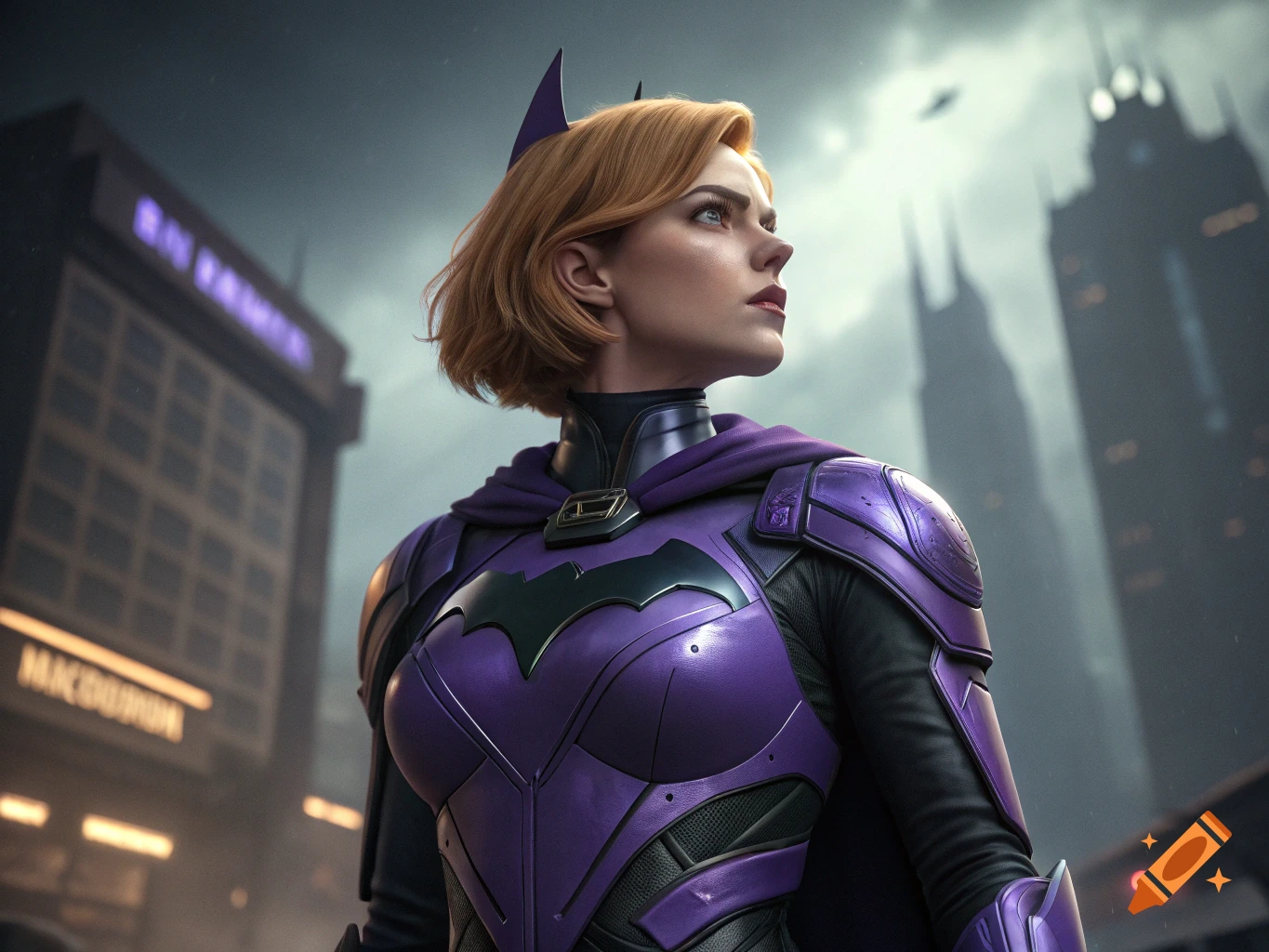 Female superhero in purple suit with bat symbol stands in city