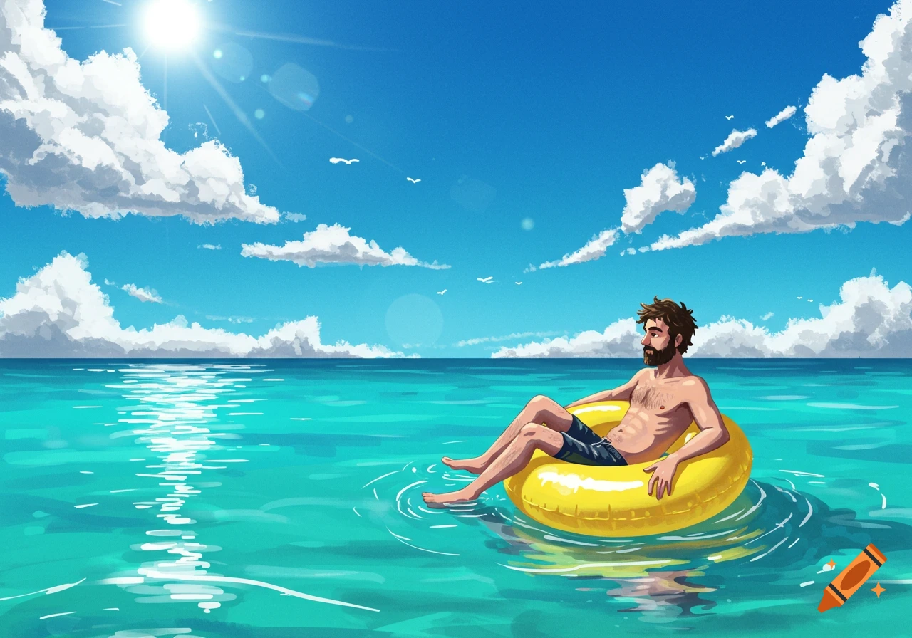A man relaxes on a yellow rubber ring in the blue sea under a sunny sky.