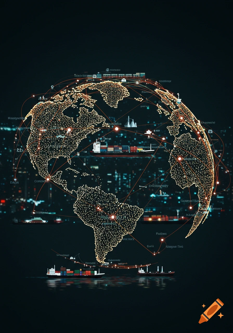 Digital globe covered in a network of glowing points and lines, showing cargo ships and blurred city lights below, representing global logistics.