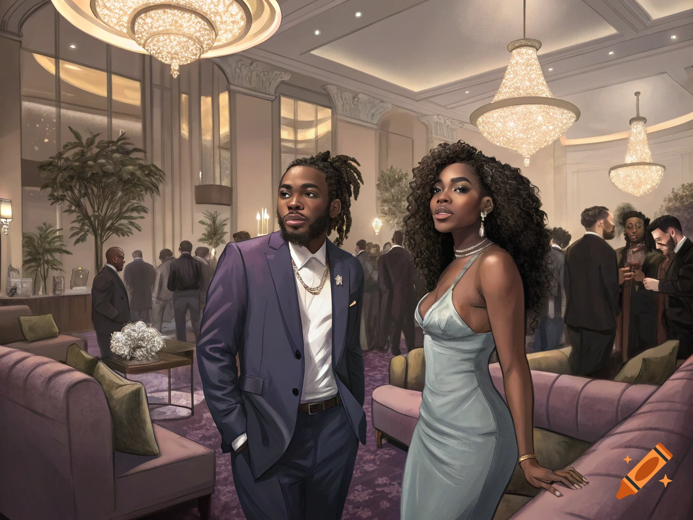 Illustration of a man and woman in formal wear standing in a grand hotel lobby party.