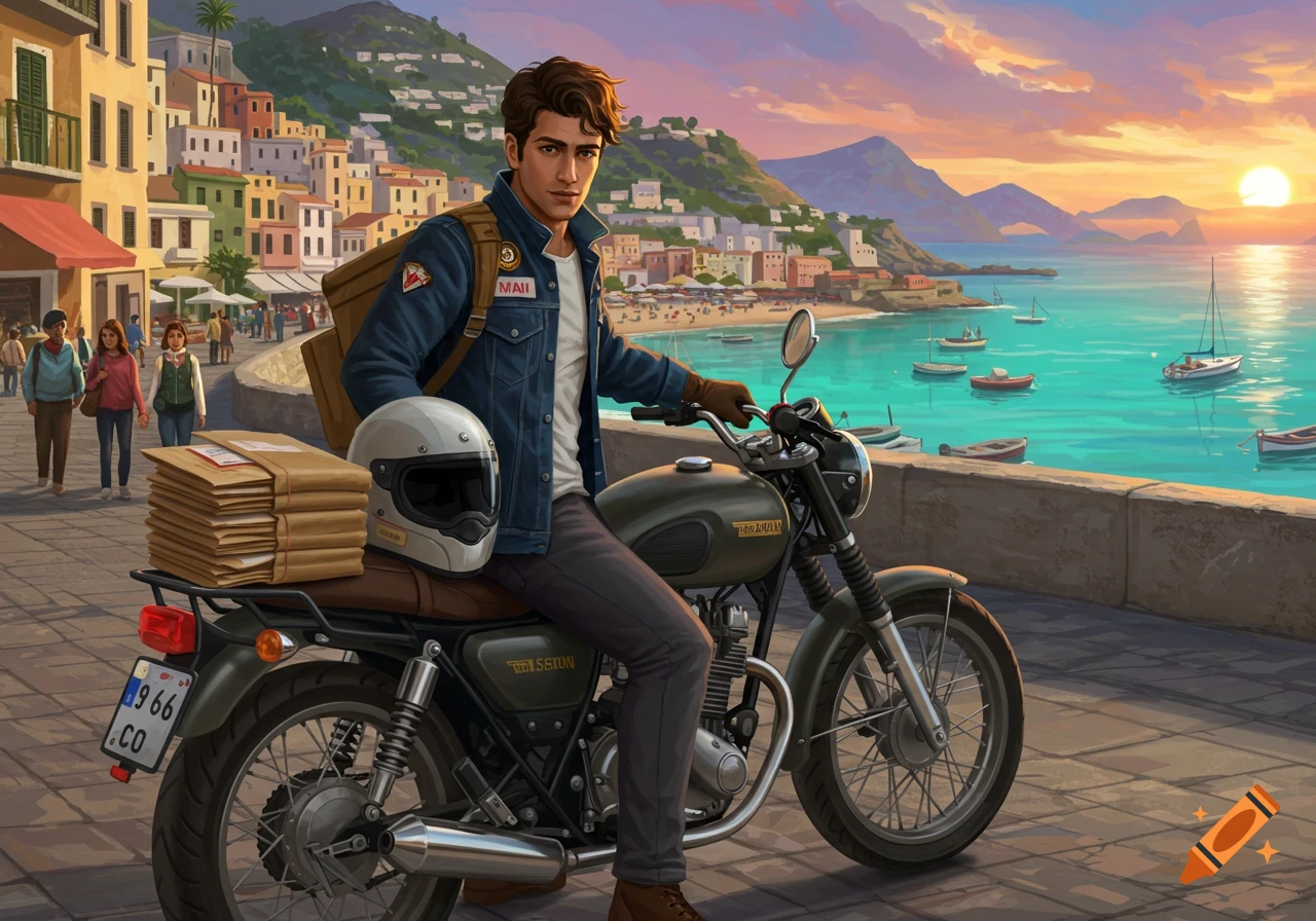 A man sits on a motorcycle with packages on the back, overlooking a coastal city at sunset.
