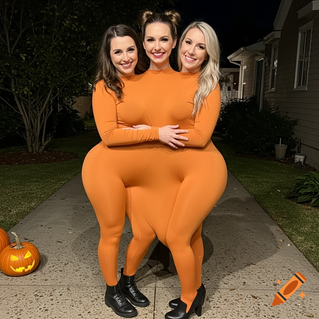 Three women in a creative shared pumpkin costume with one body and three heads stand outdoors on Halloween with a pumpkin nearby.