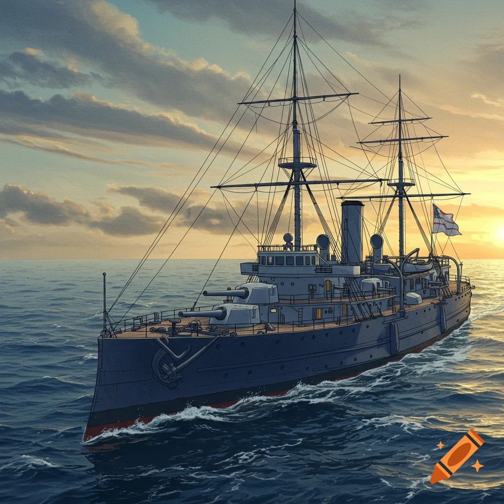 Drawing of a historical warship sailing on the sea at sunset.