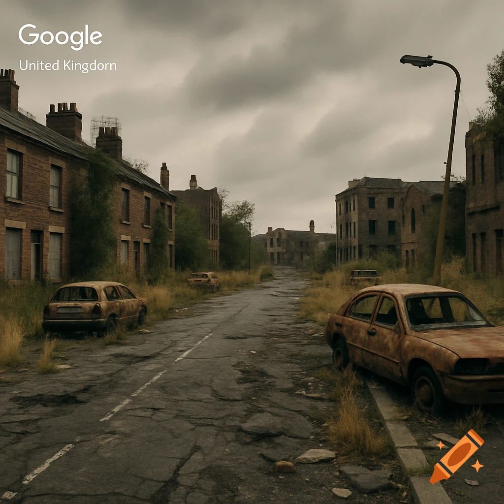 Abandoned cars line a derelict street in a post-apocalyptic city, overgrown buildings under a cloudy sky, photorealistic style.
