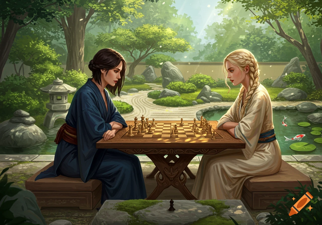 Two women play chess in a scenic zen garden with a pond.