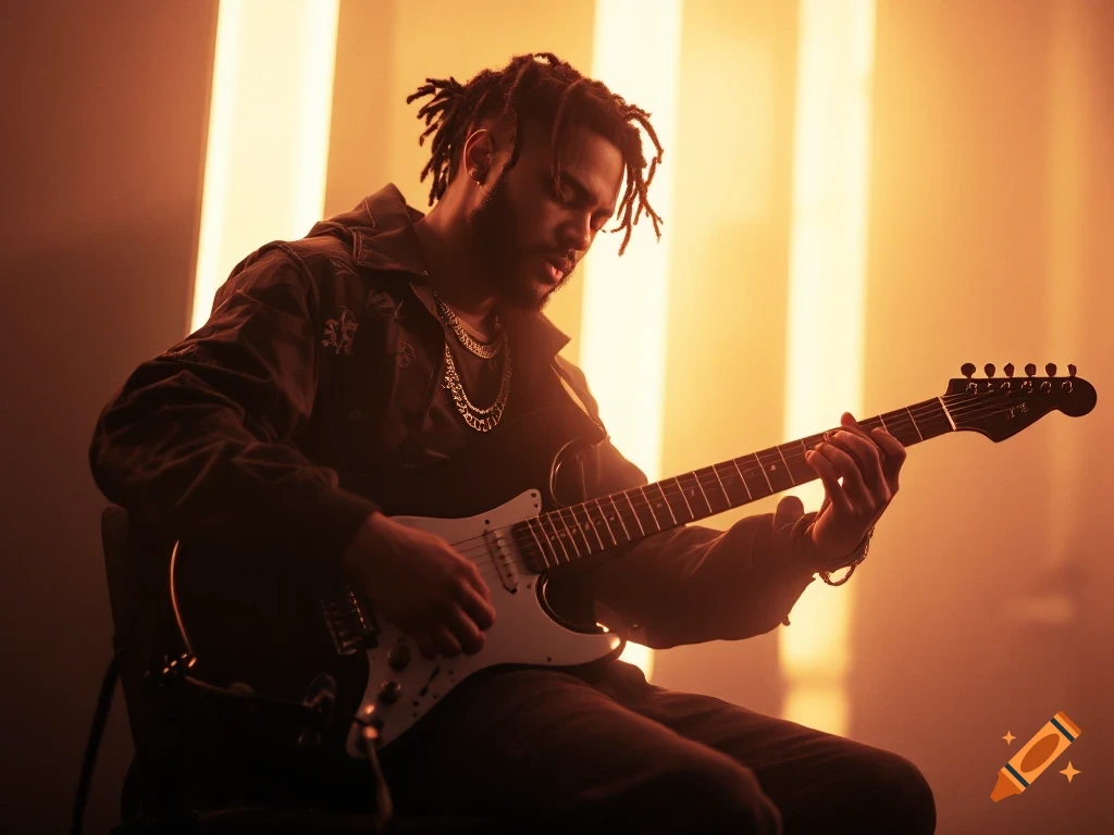 Musician playing electric guitar in a dimly lit studio.