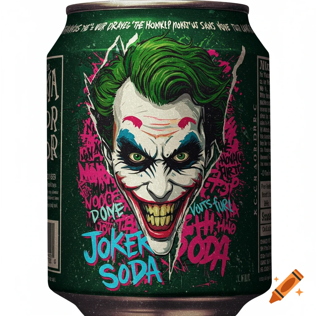 Graphic art of the Joker's face on a green soda can label.