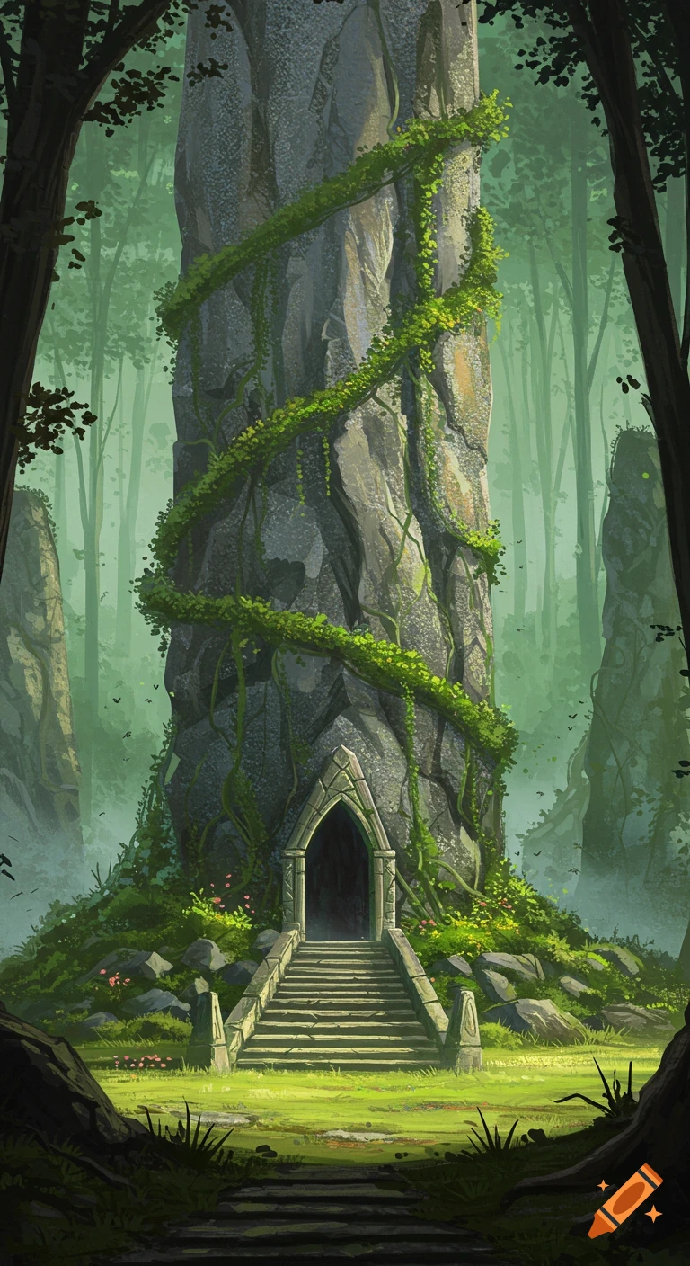 An illustrative fantasy landscape showing a large stone monolith covered in vines with steps leading to an entrance in a forest clearing.