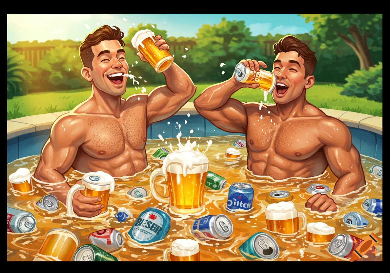 Illustrative image of two muscular men in a pool filled with beer and beer cans, holding up glasses of beer.