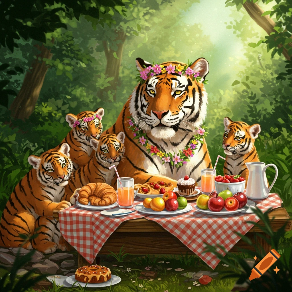 A mother tiger and her cubs have a picnic outdoors with food and drinks.