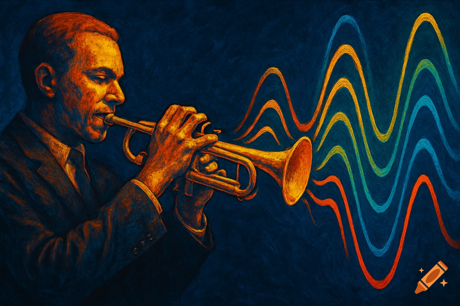 Stylized painting of a man playing a trumpet with colorful wave patterns emanating from the bell.