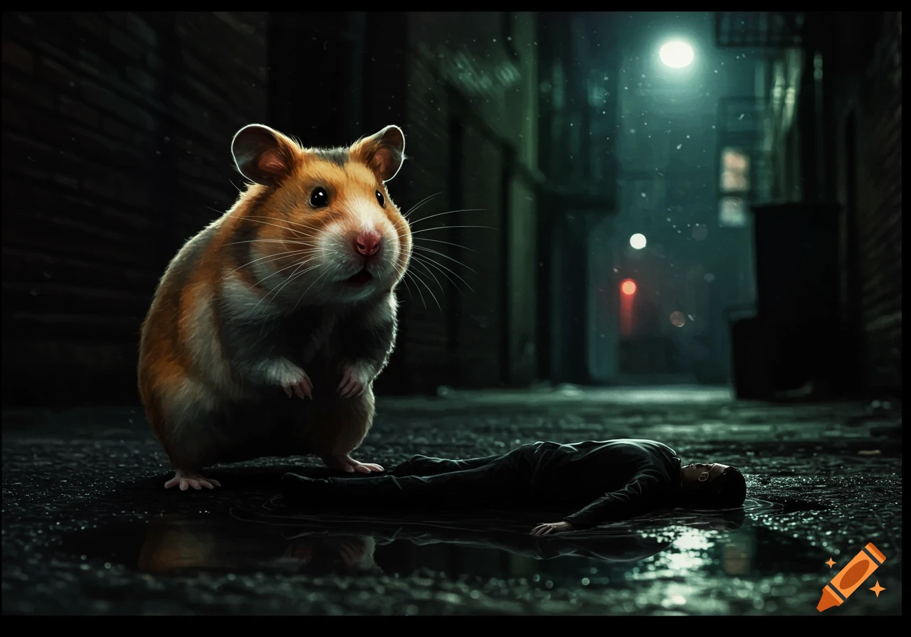 A giant hamster stands over a person lying in a puddle in a dark alley at night, in film noir style.