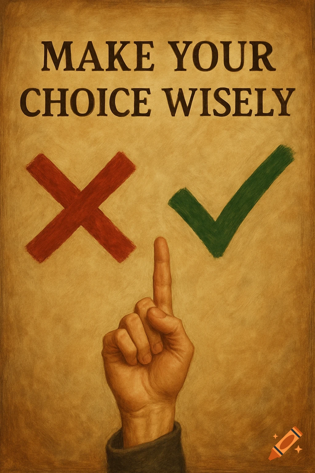 Hand pointing between a red X and a green checkmark, with the text MAKE YOUR CHOICE WISELY.