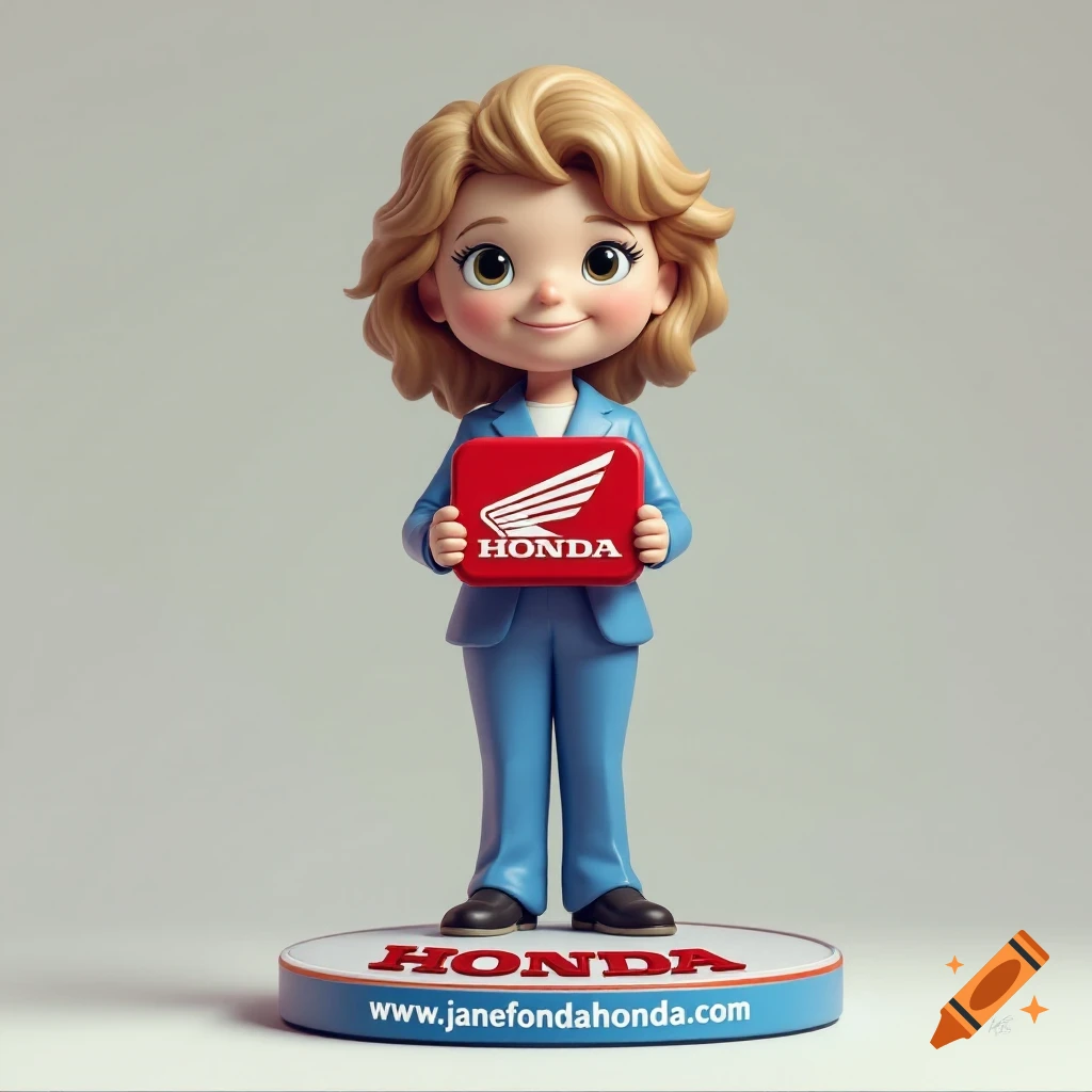 Cartoon figurine of a woman in a blue suit holding a Honda logo, standing on a base with text.