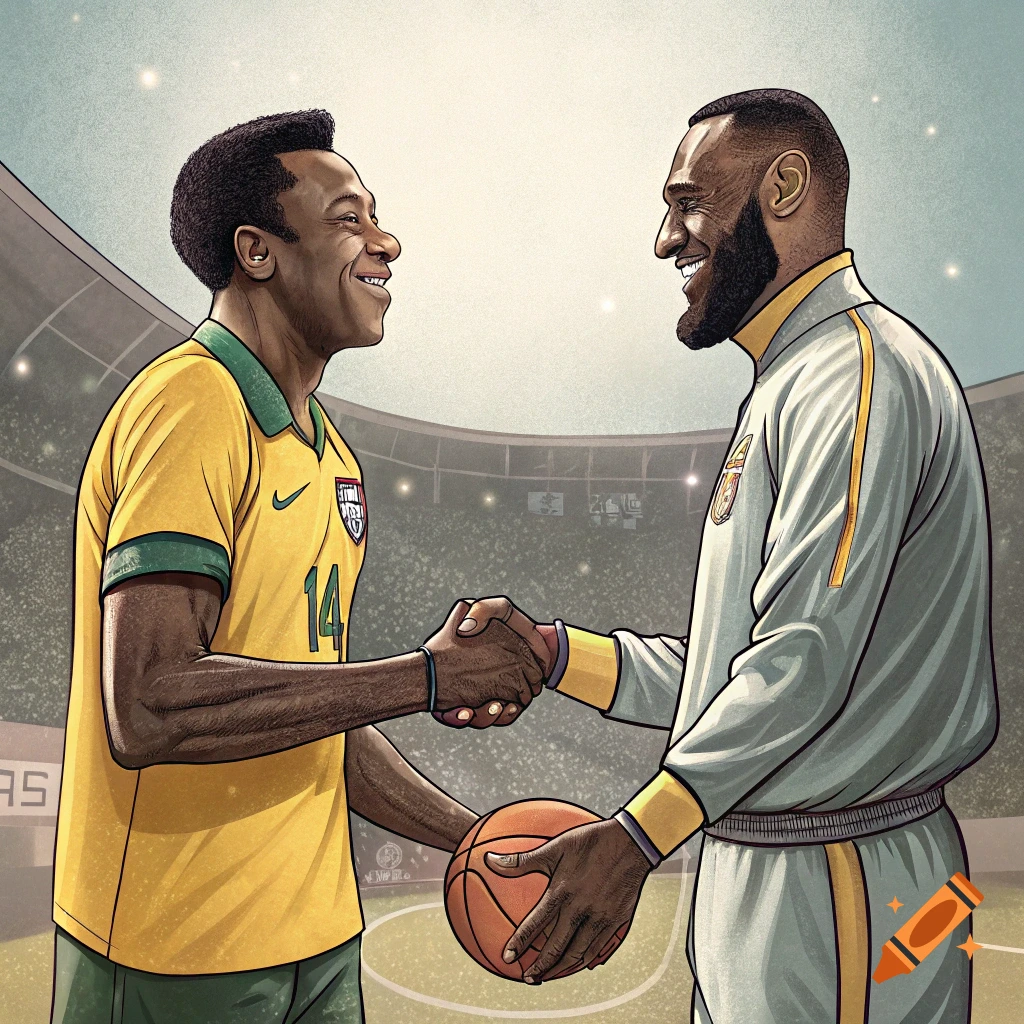 Illustration of Pele and LeBron James shaking hands in a stadium