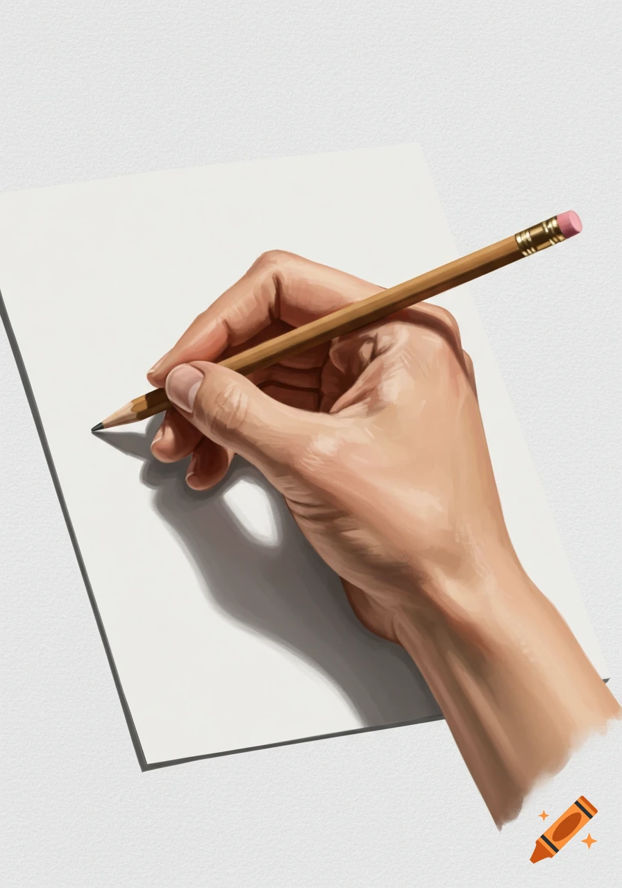 A realistic painting of a hand holding a pencil over white paper casting a shadow.