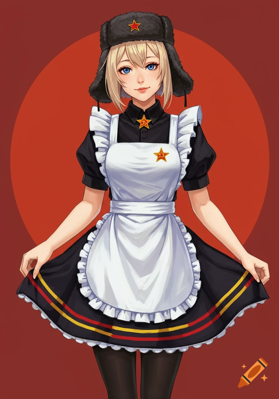 An anime girl in a black maid outfit with a white apron and Ushanka hat, featuring red and yellow accents and Soviet stars.