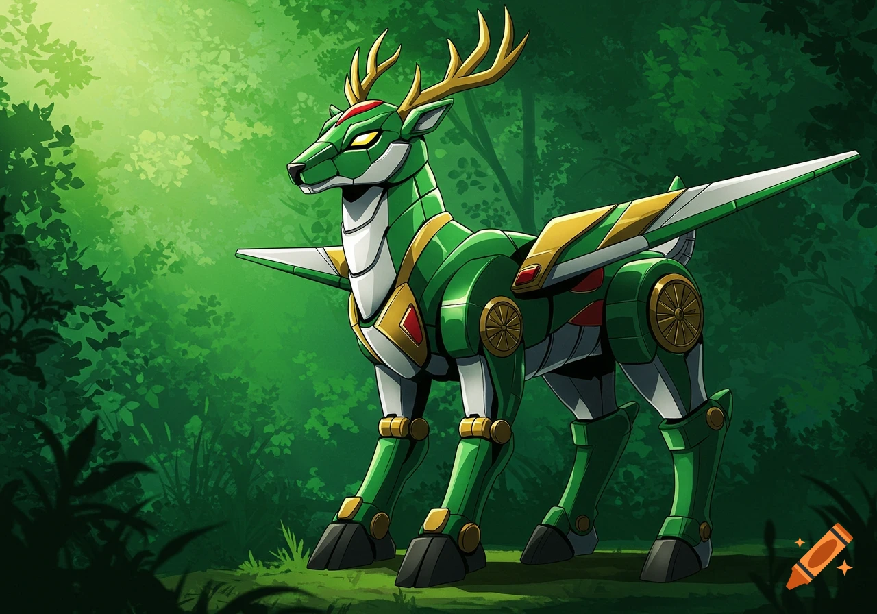 A green and white robotic deer stands in a lush forest, cartoon style.