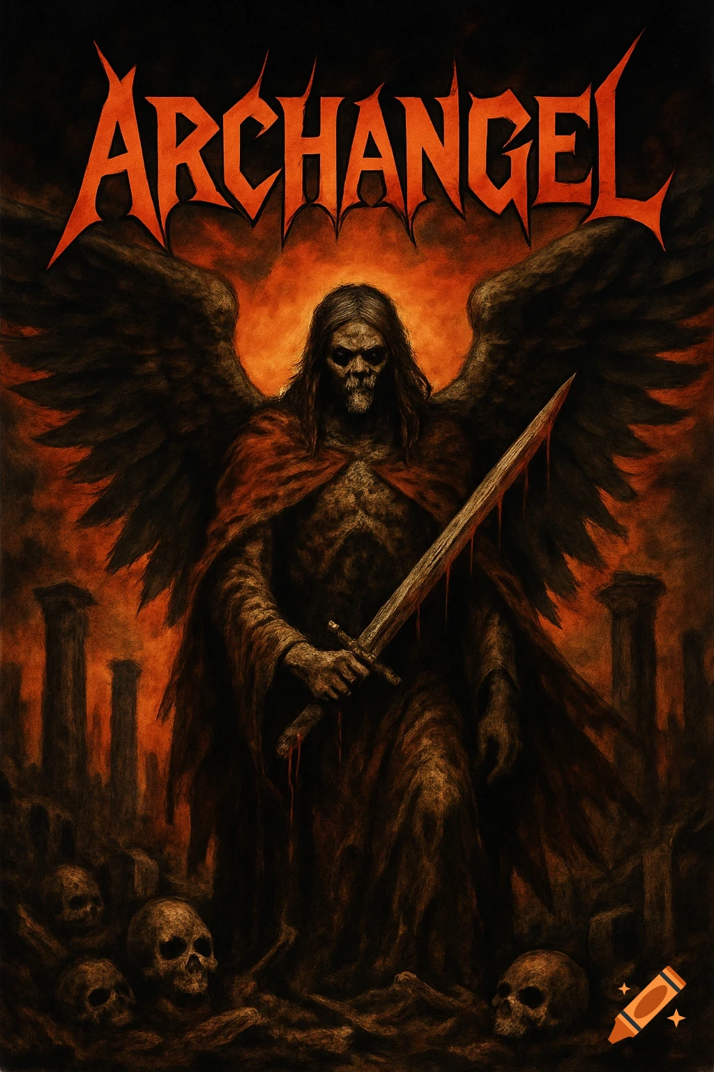 Metal album cover with text 'Archangel' above a winged skeletal figure with a sword among skulls.