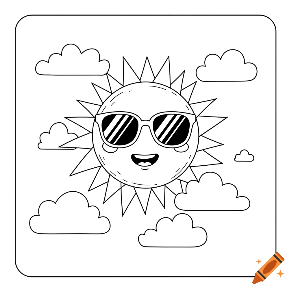 Outline drawing of a cartoon sun wearing sunglasses, surrounded by clouds.