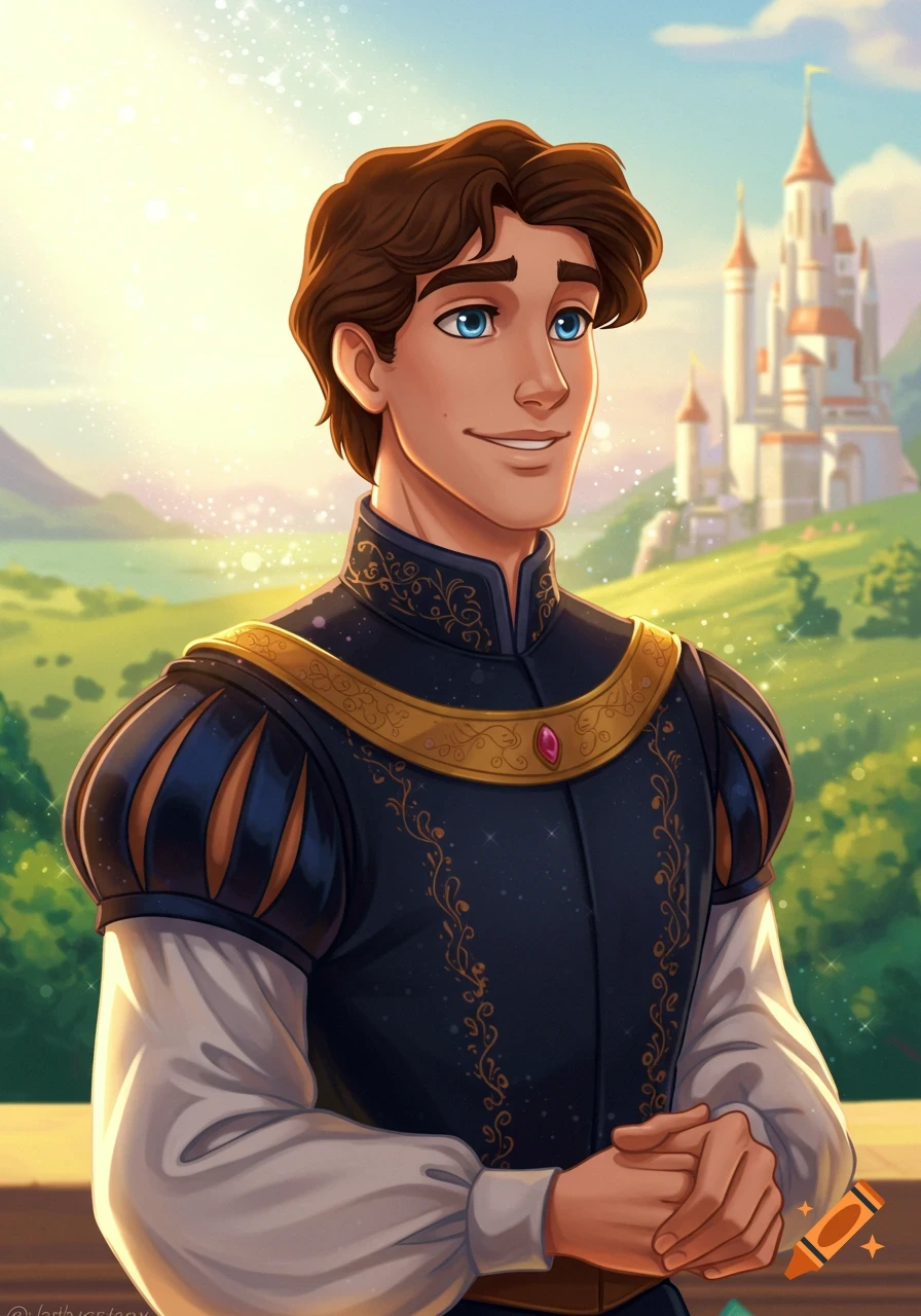 Illustration of a fairytale prince in a dark blue royal outfit, standing outdoors with a castle in the background.
