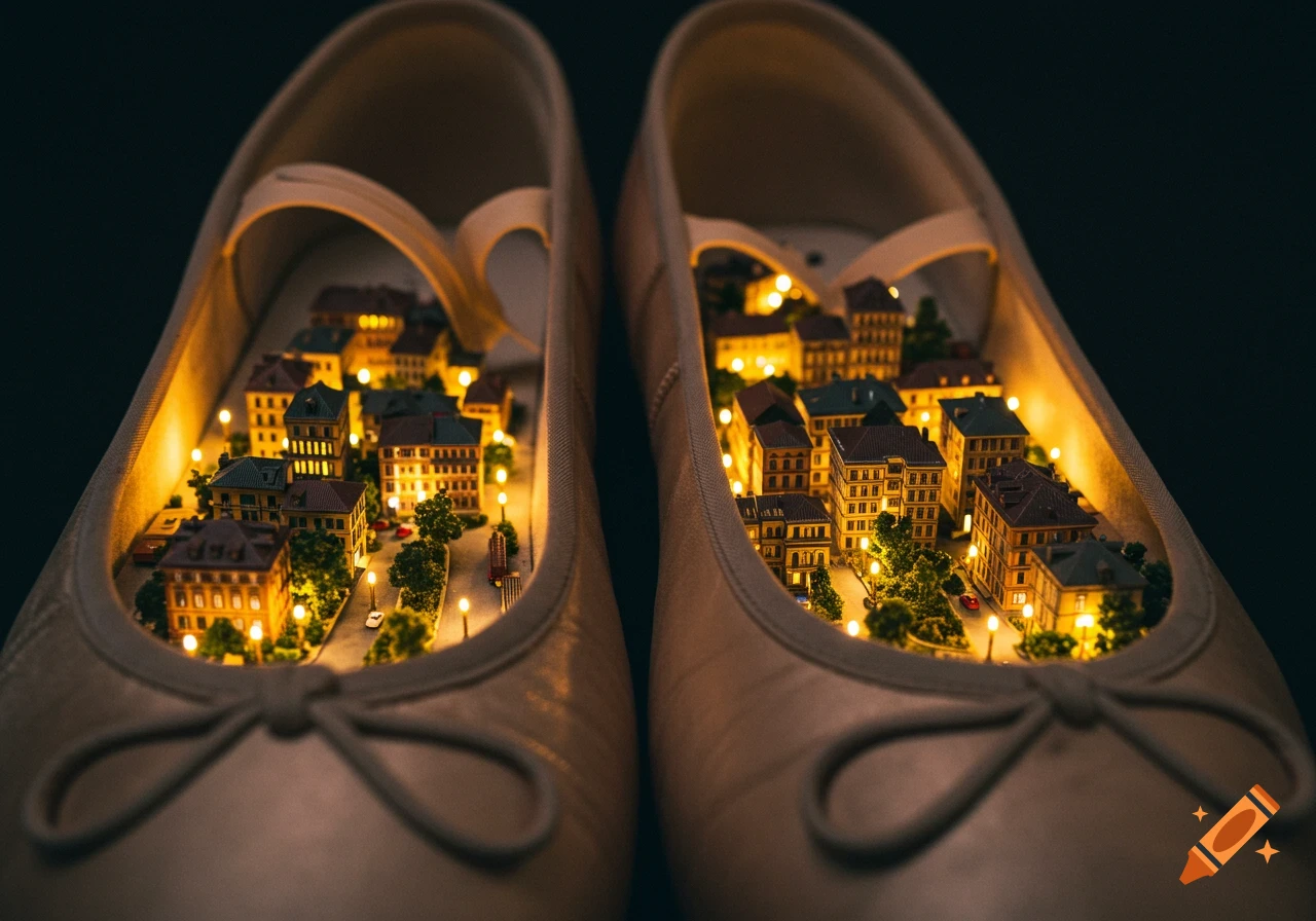Two ballet shoes containing miniature, illuminated cityscapes.