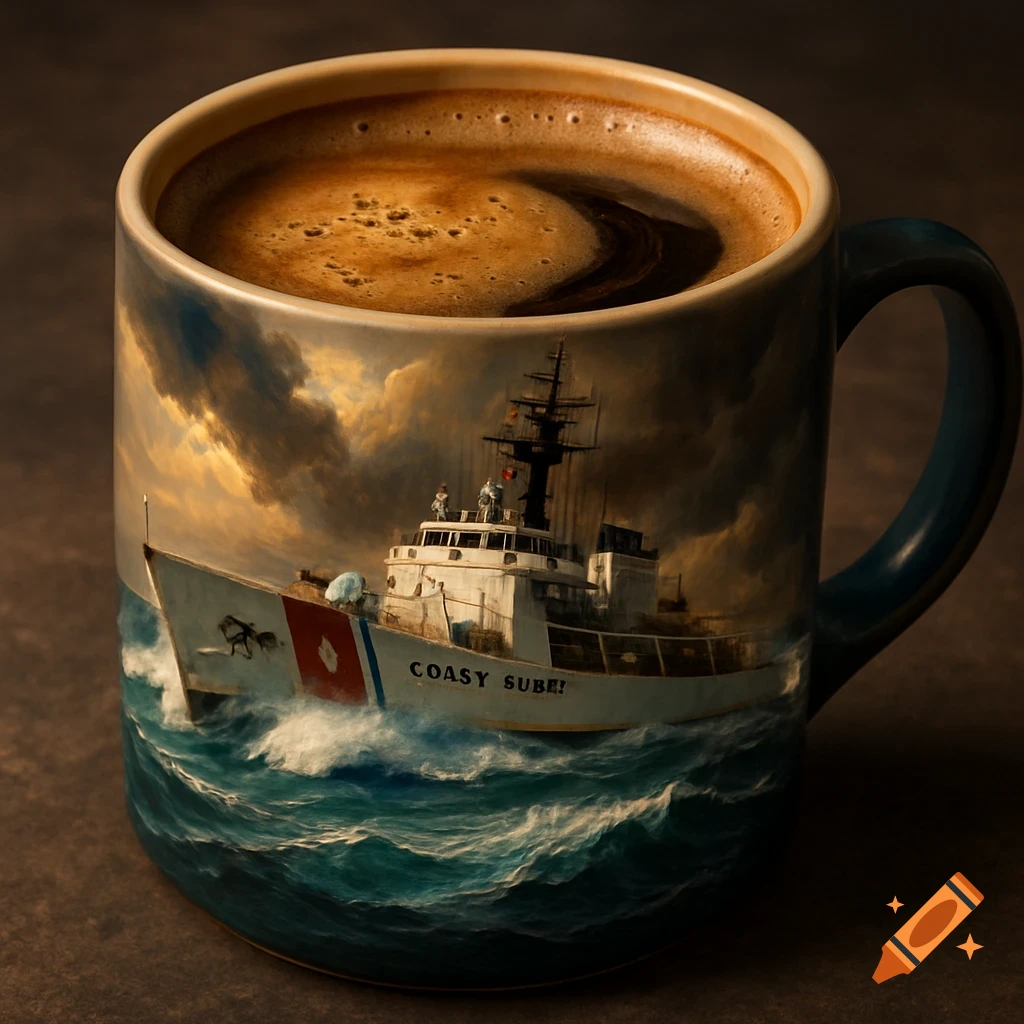 Coffee mug with a painting of a coast guard ship on a stormy sea.