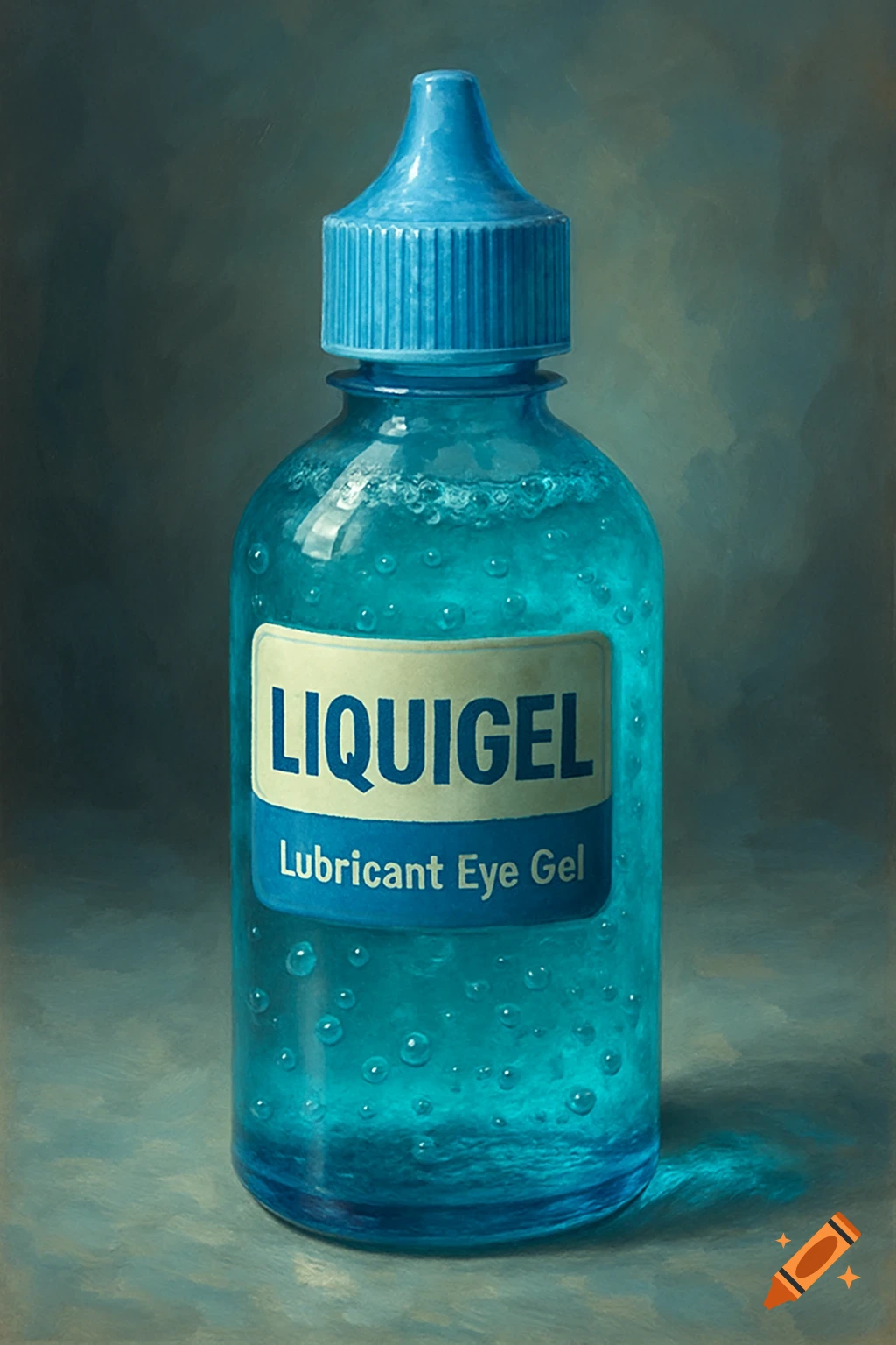 A blue bottle of Liquigel Lubricant Eye Gel in a painterly style.