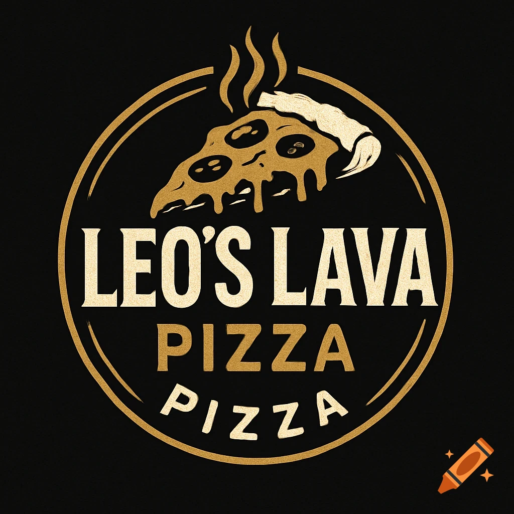 A graphic logo features a pizza slice with melting cheese over text reading "LEO'S LAVA PIZZA PIZZA" within a gold circle.