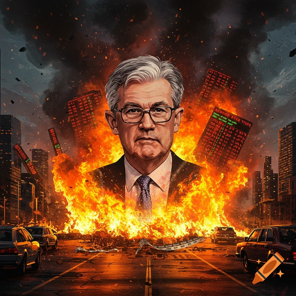 Illustration of Jerome Powell in a suit standing before a burning city with falling stock tickers and chaos.